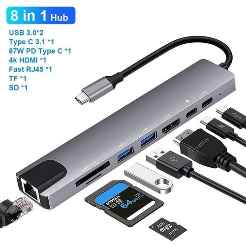 8-en-1 - Station d'accueil pour ordinateur portable 12 en 1, Hub adaptateur  USB type-c, double moniteur MST, double HDMI, VGA, RJ45, SD, TF, PD, pour  MacBook Dell, Hp, ThinkPad