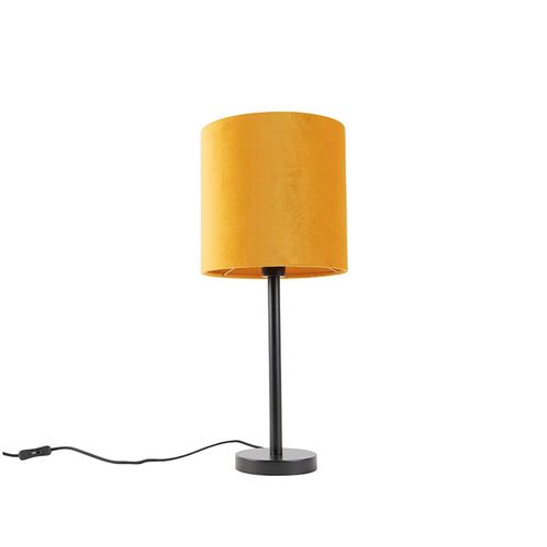 Qazqa Moderne Lampe De Table / Lampe Ã¡ Poser / Luminaire / Lumiere / ÃClairage Art Dã©Co Noir Avec Abat-Jour Jaune 25 Cm - Simplo Acier /Tissu Jaune,Dorã©/Laiton Cylindre / Intã©Rieur /...