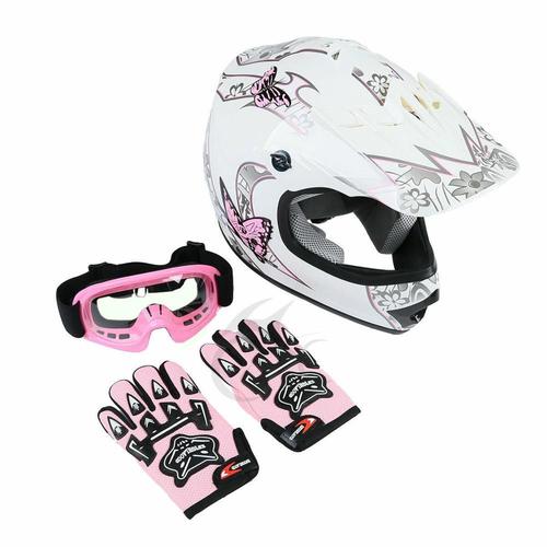 Taille S - Moto Jeunesse Casque Intégral Enfant Enfant Adulte Rose Papillon Dirt Bike Atv Motocross Cyclisme Casque + Lunettes Gants