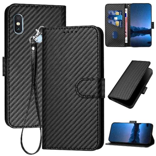 Tongez Étui Pour Xiaomi Redmi Note 5 Pro Surface De Fibre De Carbone Avec Sangle Détachable Cuir Premium Avec Fente Pour Carte Et Béquille - Noir