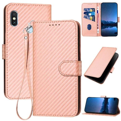 Tongez Étui Pour Xiaomi Redmi Note 5 Pro Surface De Fibre De Carbone Avec Sangle Détachable Cuir Premium Avec Fente Pour Carte Et Béquille - Couleur Rose