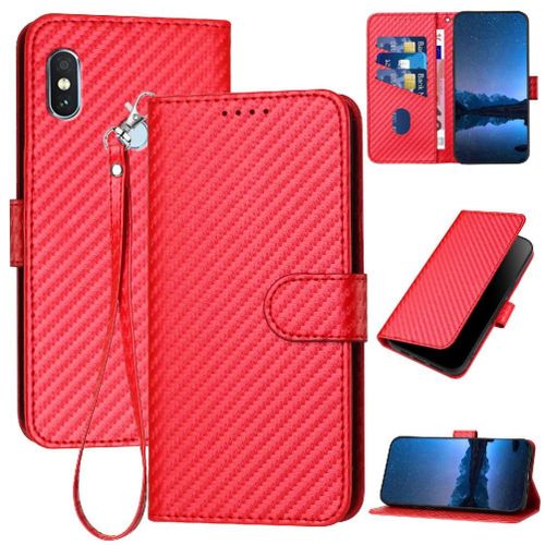 Tongez Étui Pour Xiaomi Redmi Note 5 Pro Surface De Fibre De Carbone Avec Sangle Détachable Cuir Premium Avec Fente Pour Carte Et Béquille - Rouge