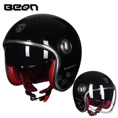 Taille L - Noir Brillant - Beon Boutique Officielle Beon B-108a 3/4 Ouvert Visage Rétro Casque Moto Visage Ouvert Vintage Moto Rcycle Casco Capacete Scooter