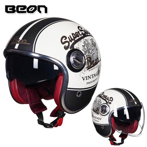 Taille M - Mat Blanc Black - Beon Boutique Officielle Beon B-108a 3/4 Ouvert Visage Rétro Casque Moto Visage Ouvert Vintage Moto Rcycle Casco Capacete Scooter