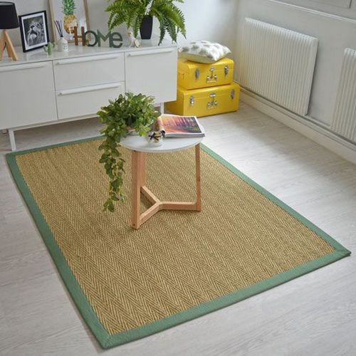 Tapis Jonc De Mer Bihar Fin Chevron Ganse Coton Vert Olive Decoweb.Com - 200 X 290 Cm