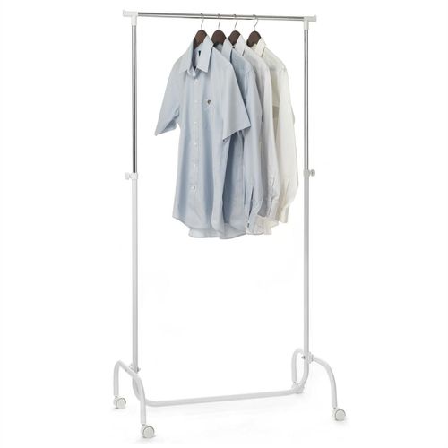 Portant À Vêtements Tiger Penderie Simple Sur Roulettes Vestiaire Mobile Avec 1 Barre De Hauteur Réglable, En Métal Chromé Et Blanc
