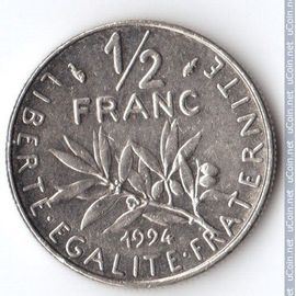 France = Pièce De 1/2 Franc, Semeuse De Roty, Année 1994, Variété Dauphin, En Nickel. (Peu Courante)