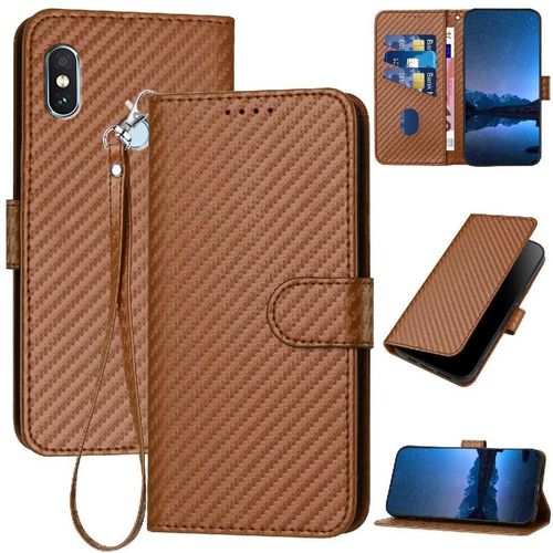 Tongez Étui Pour Xiaomi Redmi Note 5 Pro Avec Sangle Détachable Surface De Fibre De Carbone Cuir Premium Avec Fente Pour Carte Et Béquille - Le Brun