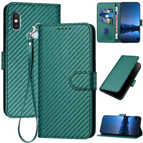 Tongez Étui Pour Xiaomi Redmi Note 5 Pro Avec Sangle Détachable Surface De Fibre De Carbone Cuir Premium Avec Fente Pour Carte Et Béquille - Vert Foncé