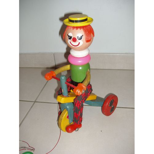 Ancien Clown Cycliste En Bois A  Trainer  De  Chez  Educalux Années 60