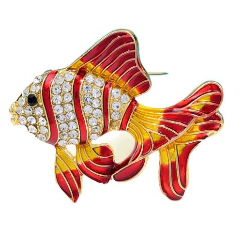 Grosse Broche Poisson Orange Et Rouge À Strass Blanc 5x4cm