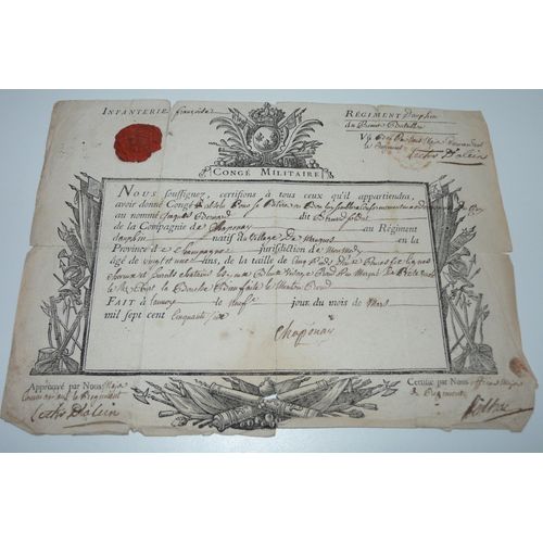 Congé Militaire Du Régiment Du Dauphin, Délivré Le 9 Mars 1756 À Jacques Bernard, Chirurgien (1731-1810)