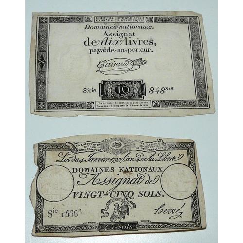 Lot De 2 Assignats Dix Livres Et Vingt-Cinq Sols