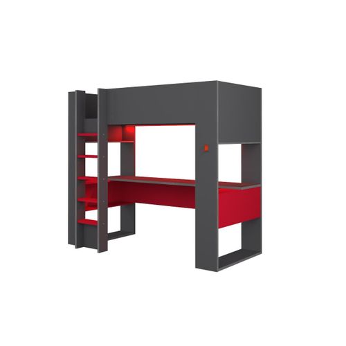 Lit Mezzanine Gamer Noah Avec Bureau Et Rangements Intégrés - 90 X 200 Cm - Avec Leds - Anthracite Et Rouge