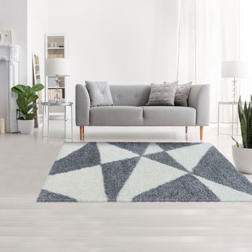 Tapis Shaggy 120x170 Rectangle Tissé Gris Et Crème Motif Géométrique Triangle A