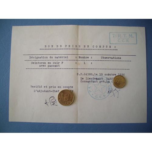 7° Rtm / 7° Regiment De Tirailleurs Marocains / Bon De Perception / Toa / Ffa / Original 1956