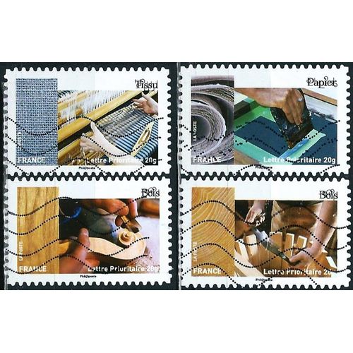 France 2015, Métiers De L'artisanat, Beaux Timbres Yvert 1070 Bois Ébénisterie, 1075 Papier - Sérigraphie, 1076 Tissus - Tissage, 1078 Bois - Tonnellerie, Oblitérés, Tbe.