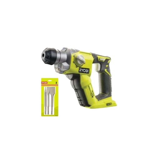 Pack Marteau perforateur RYOBI 18V One+ sans batterie ni chargeur R18SDS-0 - Kit 3 burins SDS+ RIOBY 1 pointe - 1 plat - 1 bêche - RAKSPC03