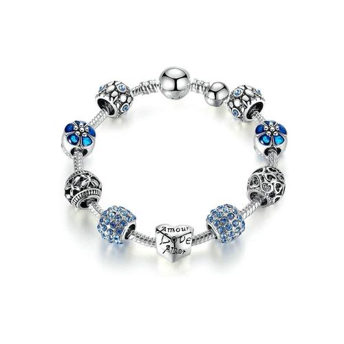 Bracelet Femme Charm's Coeur Orné De Cristal De Swarovski Bleu Et Plaqué Argent - Crystal Pearl Cry C2111 J Unique