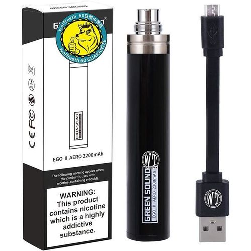 EGO II AERO 2200mAg Batterie Rechargeable Pas de Bouton, Charge Micro USB Inférieure, 510 Ego Fileté E NOIR