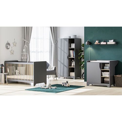 Chambre Complète Lit Bébé - Commode À Langer - Armoire 1 Porte Vox Leaf - Gris Et Bois