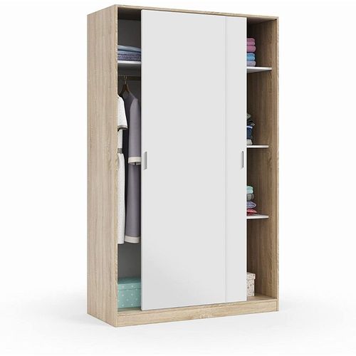 Armoire De 2 Portes Coulissantes Coloris Blanc / Chêne Canadien - 120 Cm (Longueur) X 200 Cm (Hauteur) X