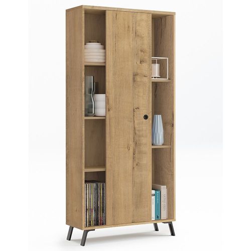 Bibliothèque Étagère À 1 Porte Coulissante Coloris Chêne Doré - Hauteur 180 X Longueur 80 X Profondeur 33
