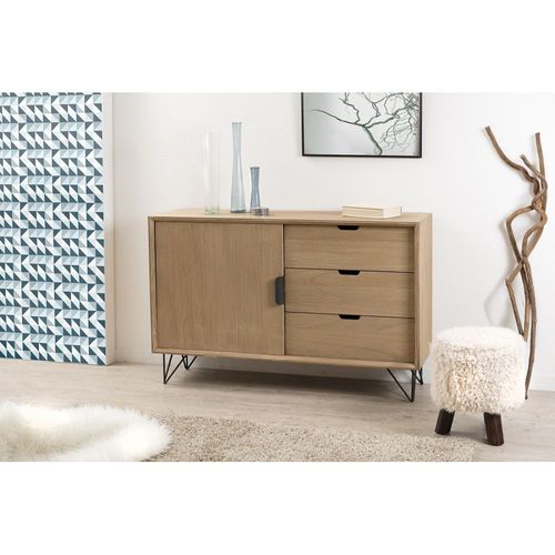 Buffet Bois Naturel 1 Porte 3 Tiroirs Pieds Épingles Métal Noir - Edith