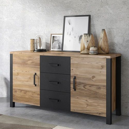 Buffet 150cm Collection Darwin. Couleur Épicéa Et Noir. 2 Portes Et 3 Tiroirs