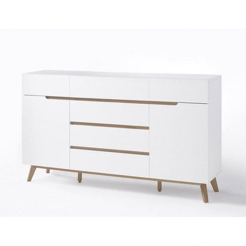 Buffet Cachan Blanc Laqué Mat 6 Tiroirs 2 Portes Piétement En Chêne