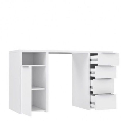 Bureau 1 Porte 4 Tiroirs - Décor Papier Blanc - L 125 X P 50 X H 75 Cm - Bilbao