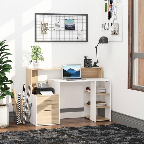 Bureau Informatique Multimédia Design Multi-Rangements 137 L X 55 L X 92 H Cm Chêne Blanc