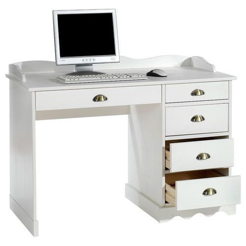 Bureau Colette Rangement Avec 5 Tiroirs Et Plateau Avec Corniche, En Pin Massif Lasuré Blanc