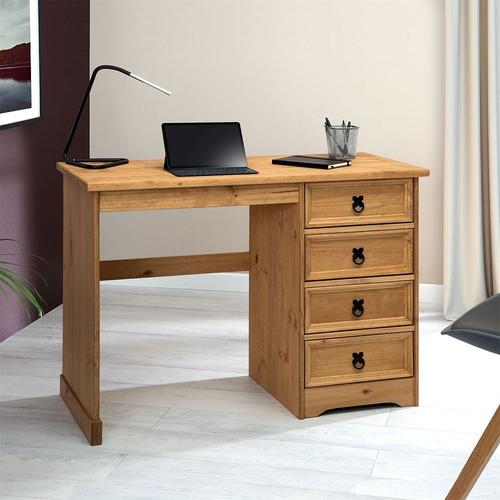 Bureau Salsa Avec Rangement 4 Tiroirs En Pin Massif Finition Teintée/Cirée, Style Mexicain