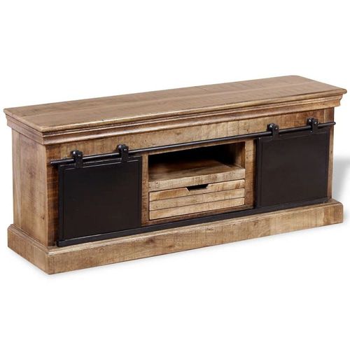 Meuble Télé Buffet Tv Télévision Design Pratique Avec 2 Portes Coulissantes Bois De Manguier Massif 25020