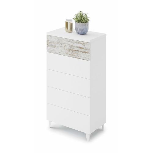 Commode Avec 5 Tiroirs Coloris Blanc Artic / Vintage - Longueur 61 Cm X Profondeur 40 Cm X Hauteur 118 C