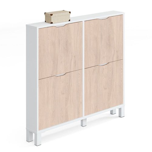 Commode Meuble À Chaussures 4 Portes Blanc Brillant / Effet Bois - Hauteur 98 X Longueur 97 X Profondeur