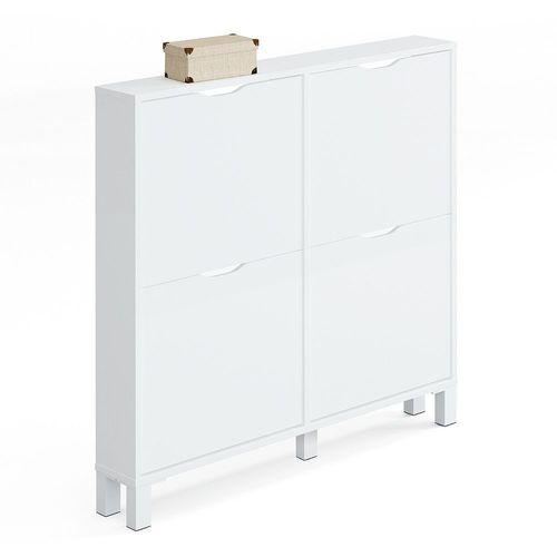 Commode Meuble À Chaussures 4 Portes Blanc Brillant - Hauteur 98 X Longueur 97 X Profondeur 17 Cm