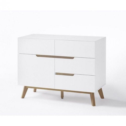 Commode Cachan Blanc Laqué Mat 4 Tiroirs 1 Porte Piétement En Chêne