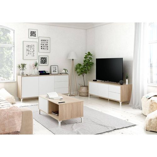 Meuble Tv "Brooklyn" - 2 Portes + 2 Tiroirs - 130 X 41 X 40 Cm - Blanc/Chêne