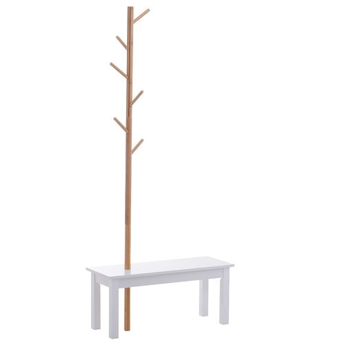 Banc Porte-Manteaux 2 En 1 Design Contemporain Cosy Dim. 80l X 30l X 180h Cm Mdf Blanc Bois Massif Bambou