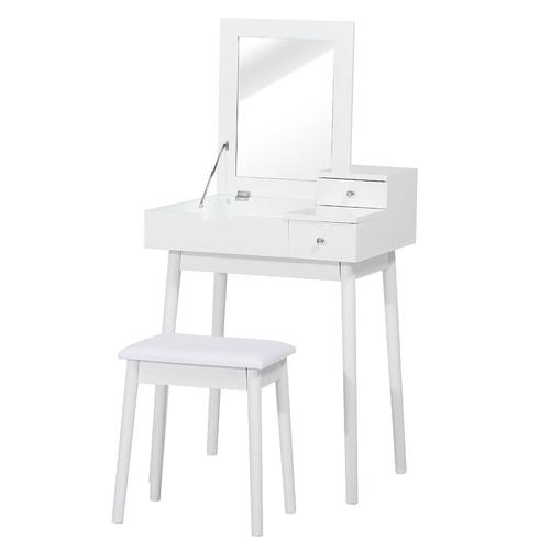 Coiffeuse Table De Maquillage Avec Tabouret Miroir Rabattable Coffre + 2 Tiroirs Mdf Bois Massif Pin Blan