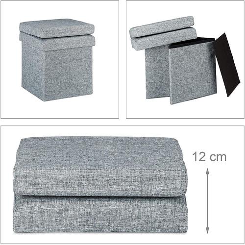 Tabouret Coffre De Rangement Pliant Avec Appui Dos En Lin Gris 13_0002778