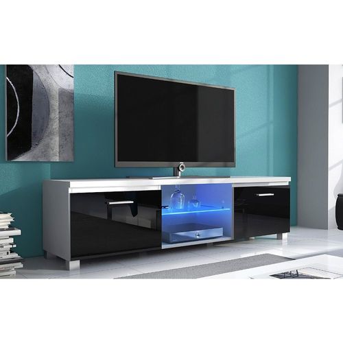 Meuble Bas Tv Led Salon-Séjour, Blanc Mate Et Noir Laqué, 150x40x42cm - Skraut Home