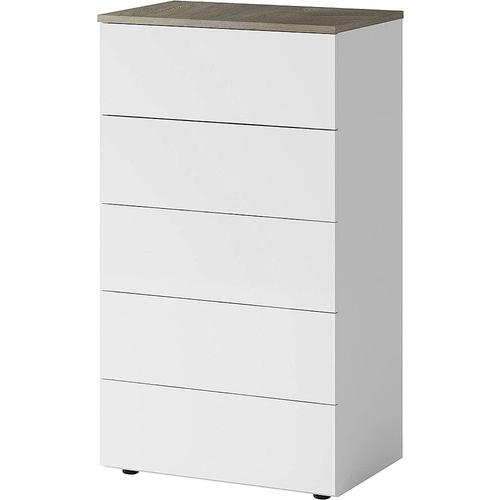 Commode Avec 5 Tiroirs Coloris Blanc Artic / Alaska Chêne À Noeuds - Hauteur 109 X Longueur 61 X Profondeu