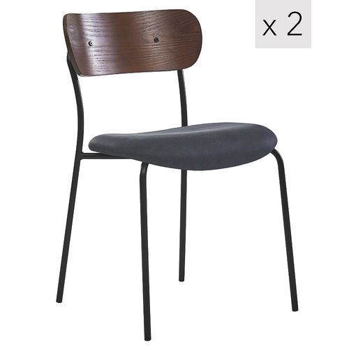 Lot De 2 Chaises Design Metal Noir Dossier Bois Simili Cuir Noir - Nordlys