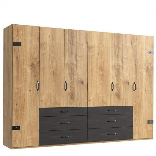 Armoire Portland Style Industriel 300 Cm 6 Portes Chêne Poutre / Graphite