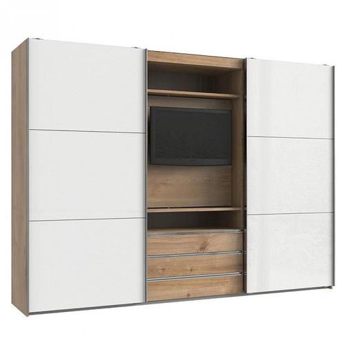 Armoire De Rangement Coulissante Marita Chêne Verre Blanc Partie Centrale Tv L 300 H 216 Cm