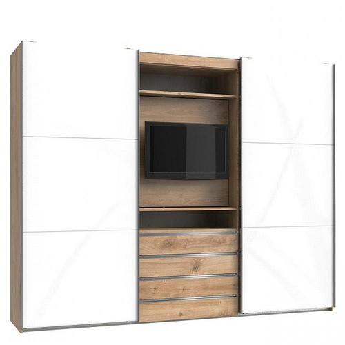 Armoire De Rangement Coulissante Marita Chêne Verre Blanc Partie Centrale Tv L 300 H 236 Cm