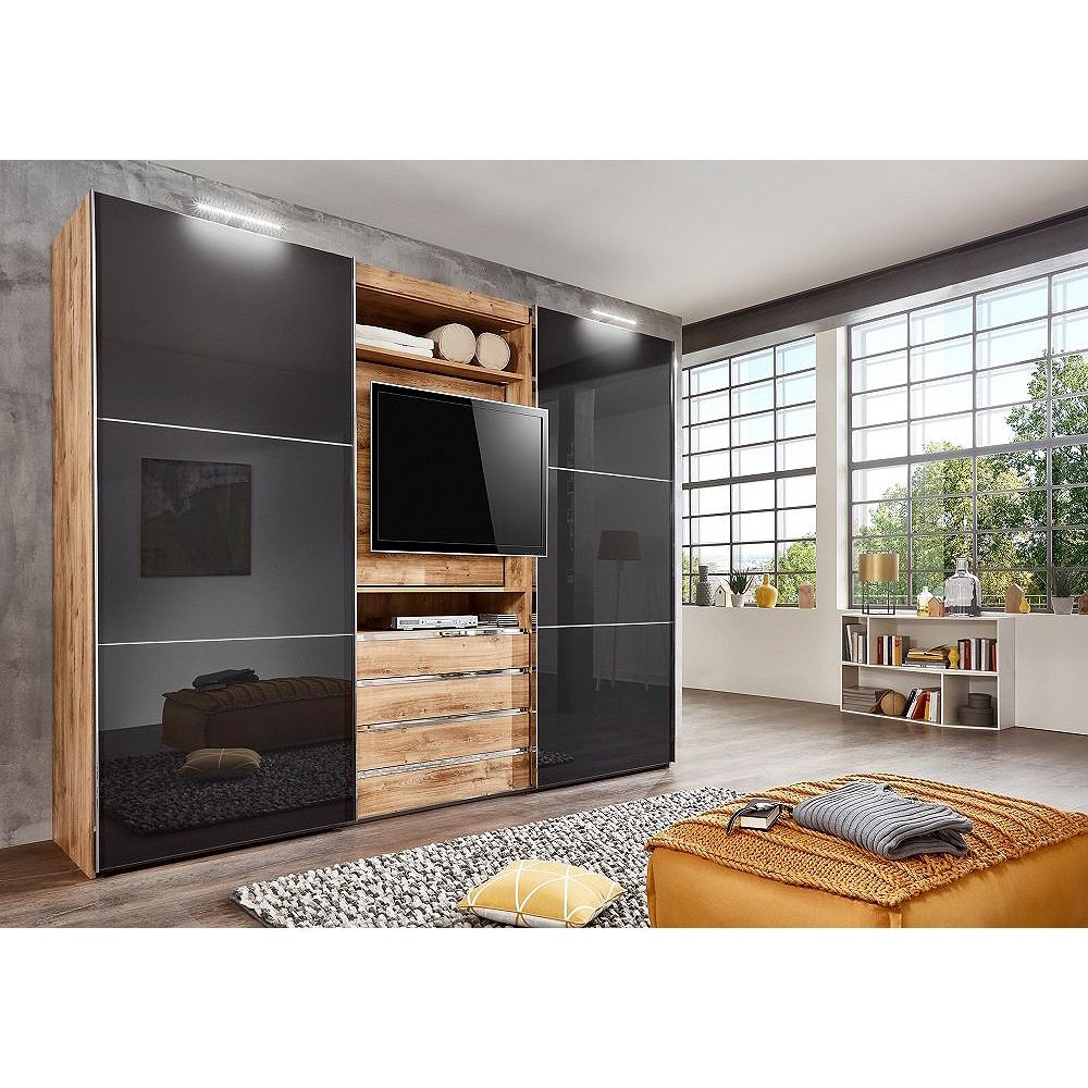 Armoire De Rangement Coulissante Marita Chêne Verre Graphite Partie Centrale Tv L 300 H 236 Cm